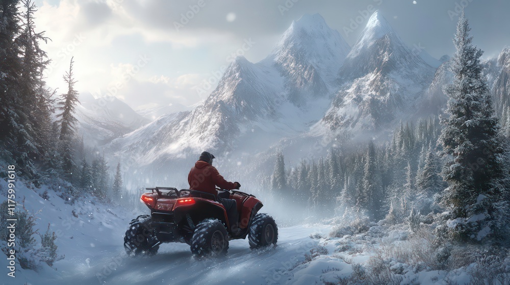 An ATV rider braves the snowy wilderness, navigating through a winter wonderland, with snow-covered trees, a dramatic mountain backdrop, and a sense of exploration and freedom. An ATV rider braves the snowy wilderness, navigating through a winter wonderland, with snow-covered trees, a dramatic mountain backdrop, and a sense of exploration and freedom.