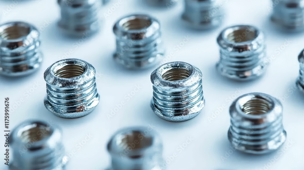Shiny metal threaded inserts arranged in neat rows on a white surface. Industrial hardware components used in manufacturing, assembly, and mechanical applications. Shiny metal threaded inserts arranged in neat rows on a white surface. Industrial hardware components used in manufacturing, assembly, and mechanical applications.