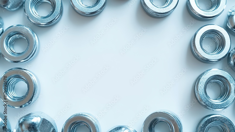 Neatly arranged screws forming a circular geometric pattern on a white background. Minimalist design highlighting symmetry, precision, and industrial aesthetic for graphic use. Neatly arranged screws forming a circular geometric pattern on a white background. Minimalist design highlighting symmetry, precision, and industrial aesthetic for graphic use.