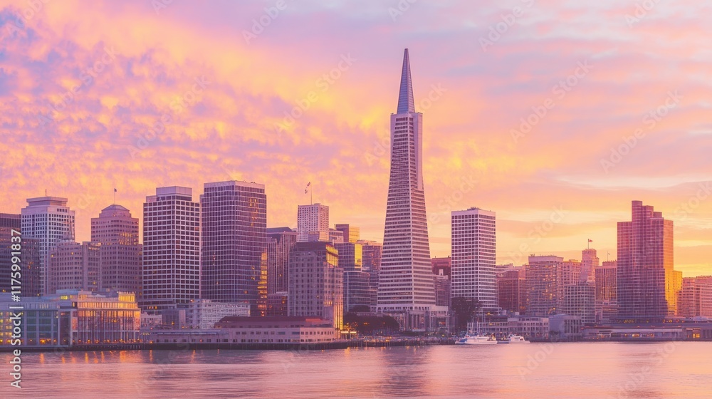 Naklejka premium Vibrant sunrise over San Francisco skyline.