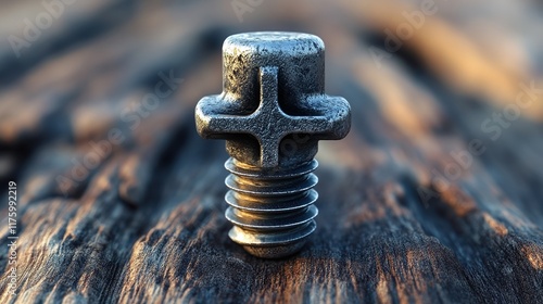  A single metallic bolt with crosshead design placed on a rough wooden surface. Symbolizes durability, precision engineering, and the essential tools used in industrial applications.