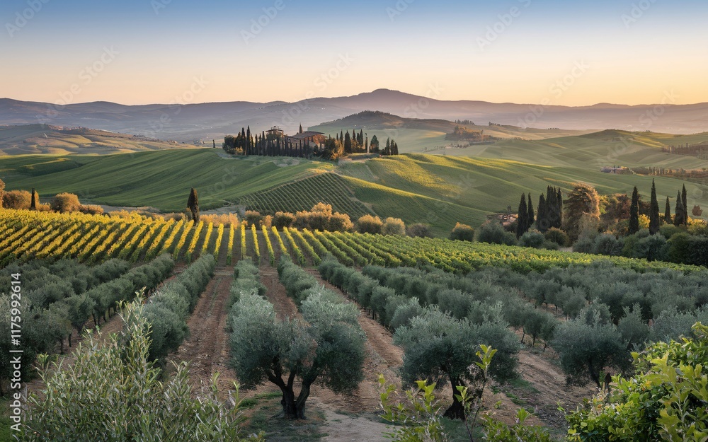 Naklejka premium Tuscany’s Rolling Hills, Tuscan sunrise over vineyards and olive groves.