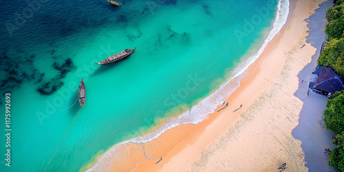 Traditional dhow boats floating on turquoise water near tropical beach in zanzibar photo