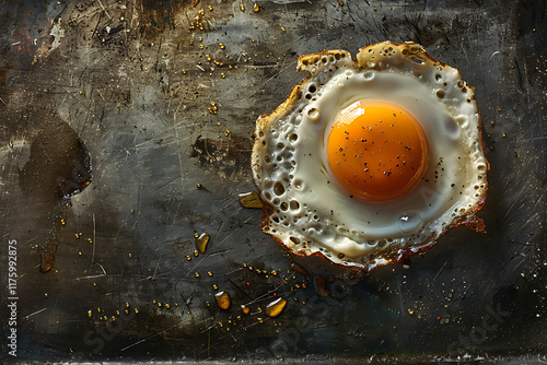 food photography, a top-down close-up shot of a realistic fried egg on a plain background photo