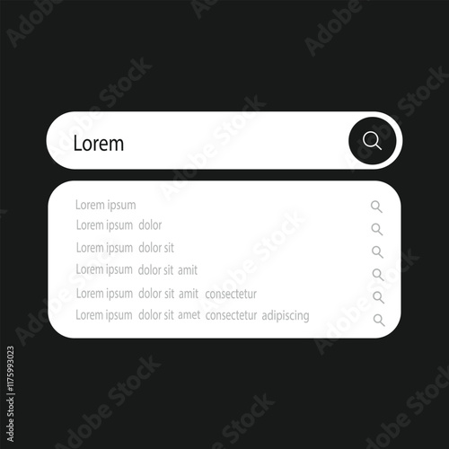 Search Bar with suggestions for UI UX design and web site. Search Address and navigation bar icon in black background