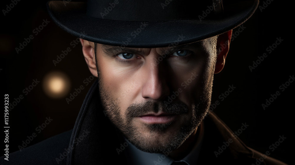 Serious man wearing black hat and coat staring with intense gaze Serious man wearing black hat and coat staring with intense gaze
