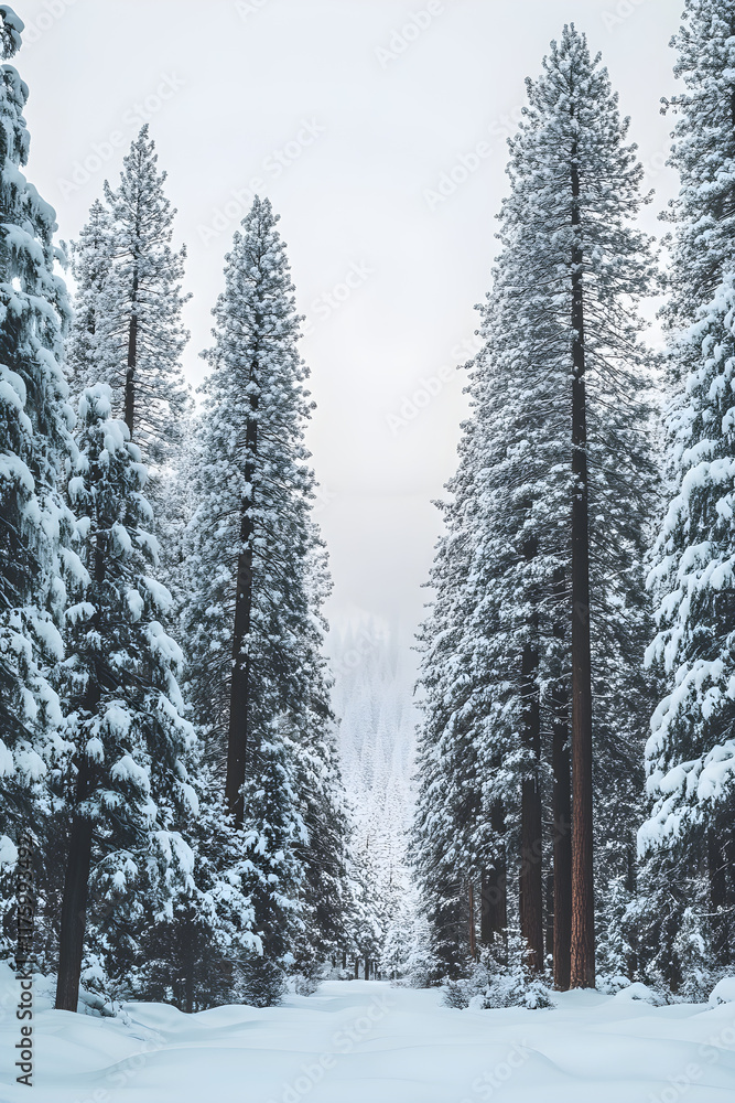Fototapeta premium Serene Snowy Pine Forest Under a Tranquil Pale Gray Winter Sky, Reflections in Nature