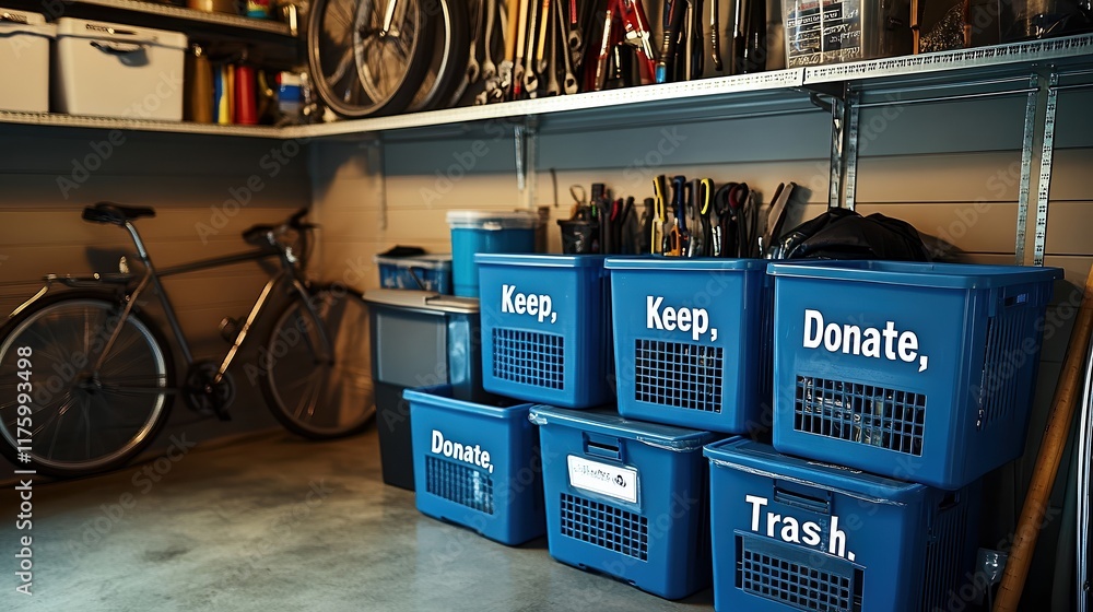 Obraz premium Organized garage featuring labeled blue bins for sorting items into keep, donate, and trash categories. Bicycle and tools neatly arranged highlight clean, practical decluttering solution.