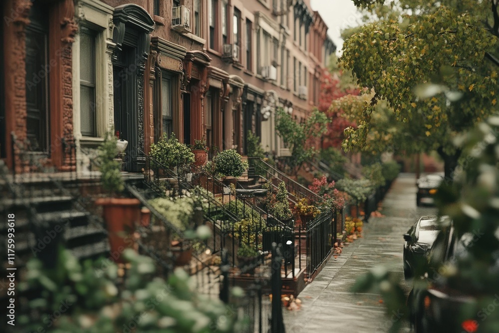 Fototapeta premium Rainy autumn day on a city street, brownstones, fall foliage. Perfect for travel blogs.