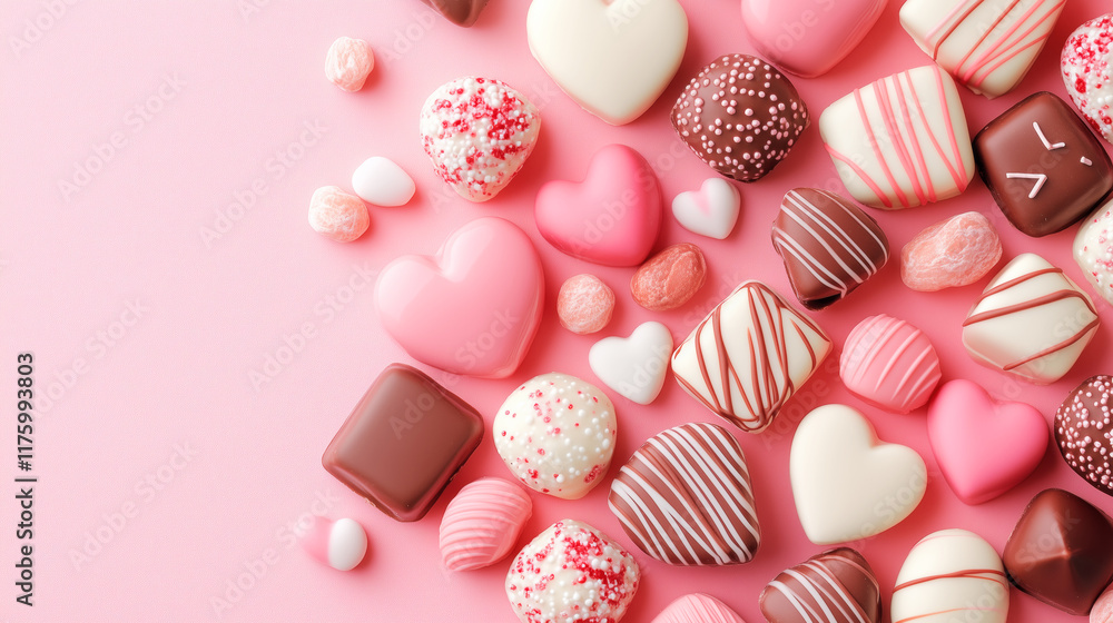 Colorful heart-shaped chocolates arranged on a pink background Colorful heart-shaped chocolates arranged on a pink background