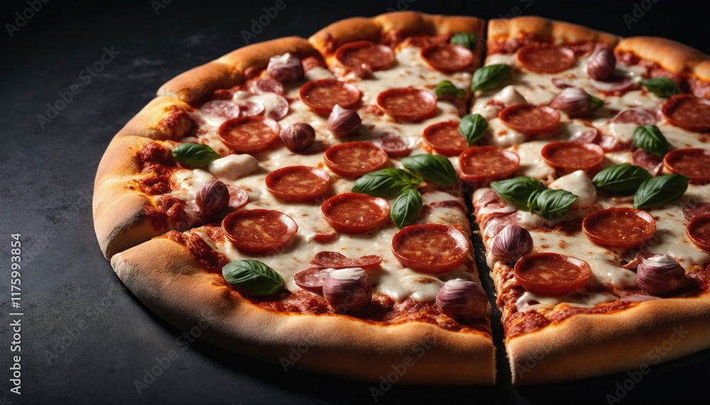 Delicious pepperoni pizza with fresh basil on a dark table ready to be enjoyed at dinnertime Delicious pepperoni pizza with fresh basil on a dark table ready to be enjoyed at dinnertime