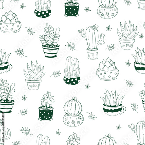 Seamless pattern with flowerpots cactus on white  background. Vector illustration. Botanical endless background with exotic potted flowers cacti in doodle style.