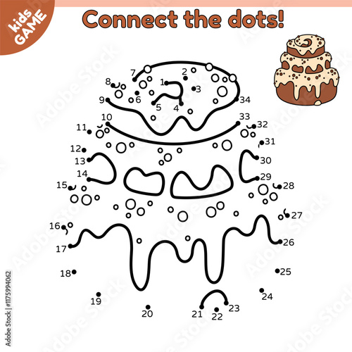 Dot to dot kids game. Connect the dots by numbers. Cartoon cinnamon bun. Baked sweet bread. Puzzle for education children. Educational activities book. Vector baby illustration of the baking.