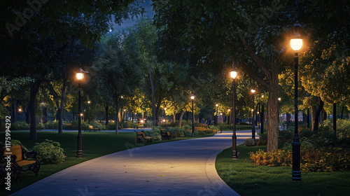 A peaceful city park at night, beautifully lit by decorative street lamps, with well-maintained pathways and moonlight streaming through the tree canopy, framed by sleek modern urban architecture