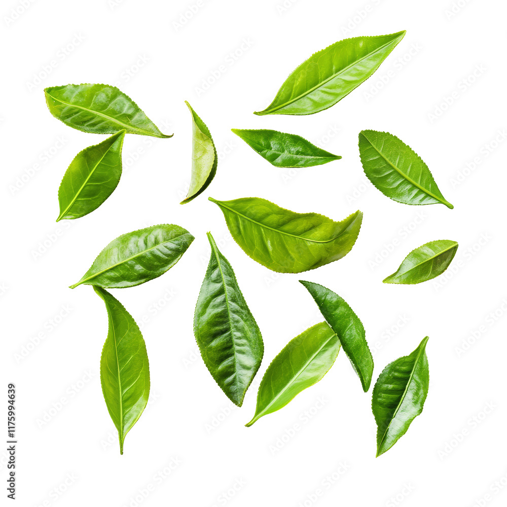 Fresh green tea leaves scattered on a transparent background showcasing their vibrant colors and varied shapes, Tea leaves on transparent background Fresh green tea leaves scattered on a transparent background showcasing their vibrant colors and varied shapes, Tea leaves on transparent background