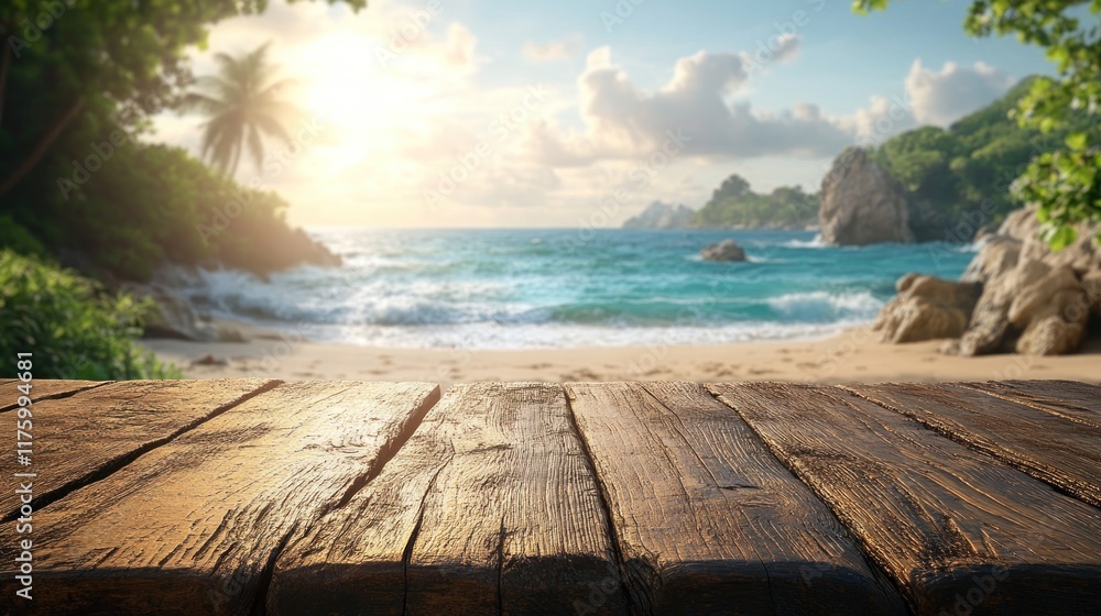 Fototapeta premium A serene beach scene at sunset with a wooden foreground and tropical landscape.
