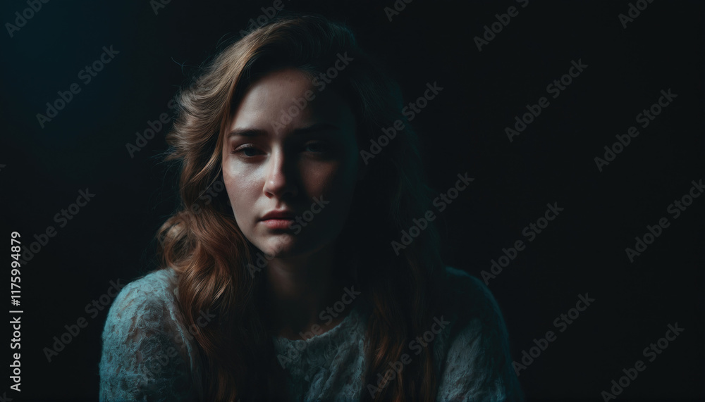Thoughtful woman reflects in low light during quiet evening hours Thoughtful woman reflects in low light during quiet evening hours