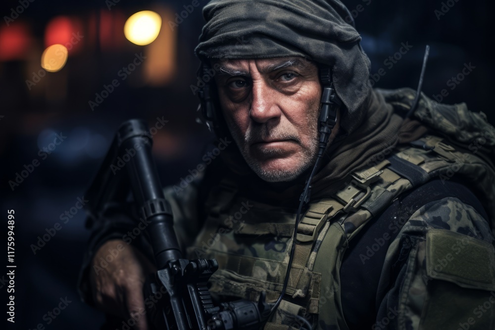 Portrait of a soldier with a machine gun in the city. Portrait of a soldier with a machine gun in the city.