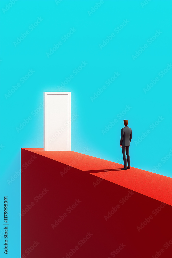 Businessman walking on a red ramp looking at a white door on a blue background Businessman walking on a red ramp looking at a white door on a blue background