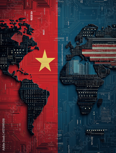 Vietnam and usa flags over world map with electronic circuit design, representing technological competition photo