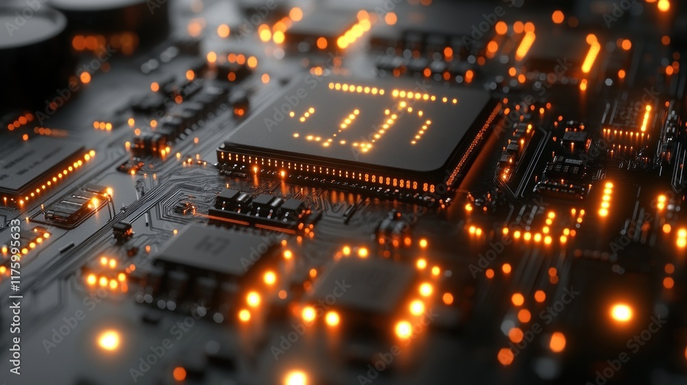 Illuminated CPU on circuit board. Illuminated CPU on circuit board.