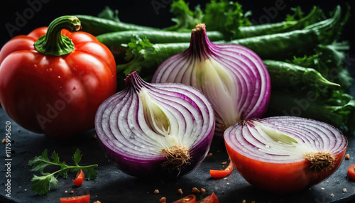 Fresh vegetables including tomatoes, onions, and green herbs arranged on a dark surface in a stylish kitchen setting photo