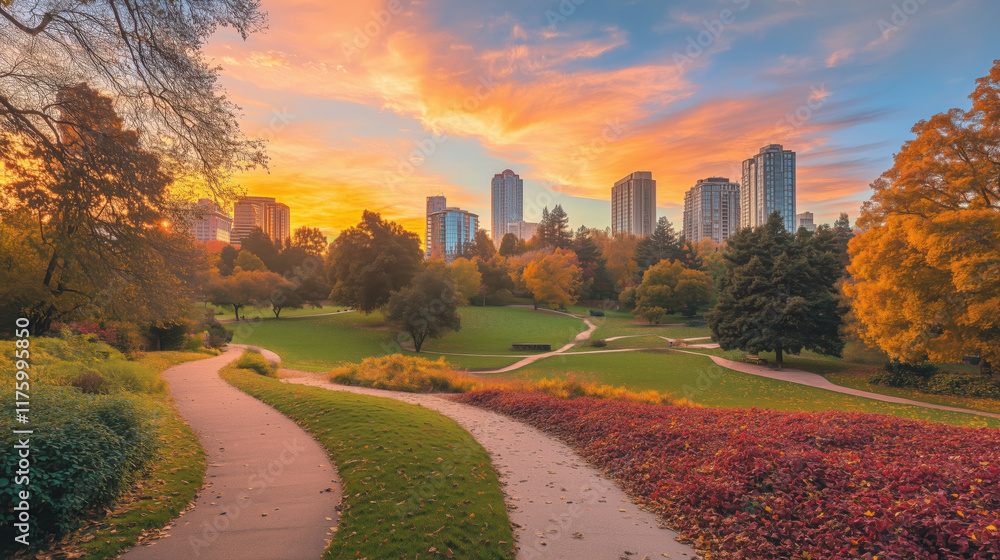 Obraz premium Peaceful City Park at Sunset in Autumn, with Trees Adorned in Golden and Crimson Leaves, Winding Paths Covered in Fallen Foliage, and the Sky Ablaze with Sunset Colors, Framed by Sleek City Buildings