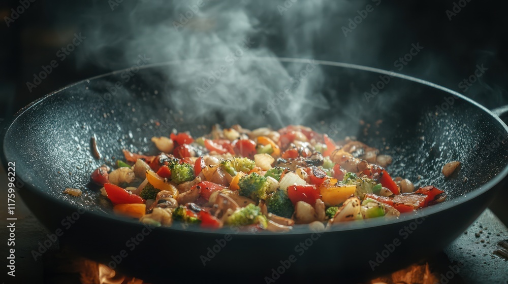 Delicious Steaming Vegetable Stir Fry in a Wok Pan, Hot Kitchen Cooking Scene Delicious Steaming Vegetable Stir Fry in a Wok Pan, Hot Kitchen Cooking Scene