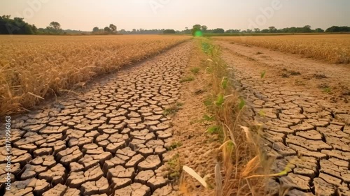 Dry, cracked earth in a wheat field illustrates the severe impact of drought, highlighting significant damage to crops and the ongoing challenges faced by agriculture