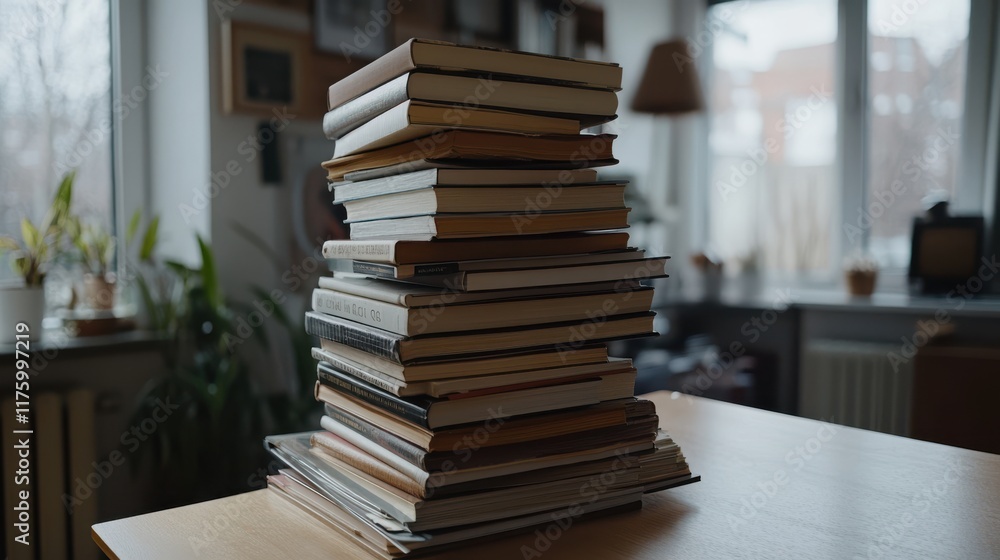 A precarious stack of books balances on a polished desk in a cozy room, with sunlight filtering through large windows, hinting at an afternoon of reading. A precarious stack of books balances on a polished desk in a cozy room, with sunlight filtering through large windows, hinting at an afternoon of reading.