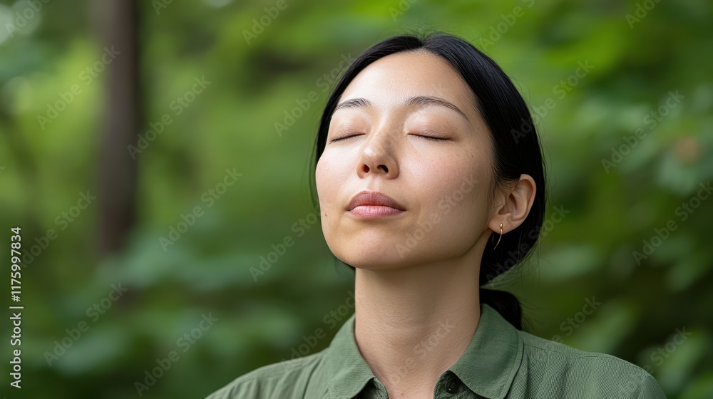 A serene woman with closed eyes gently inhales in a lush green setting, embodying tranquility and mindfulness amid nature. A serene woman with closed eyes gently inhales in a lush green setting, embodying tranquility and mindfulness amid nature.