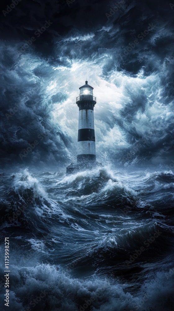 Fototapeta premium Lighthouse guiding ships through stormy sea at night. Website banner, travel brochure.