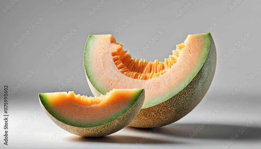 Freshly cut melon slices on a simple gray background showcasing vibrant colors and textures Freshly cut melon slices on a simple gray background showcasing vibrant colors and textures