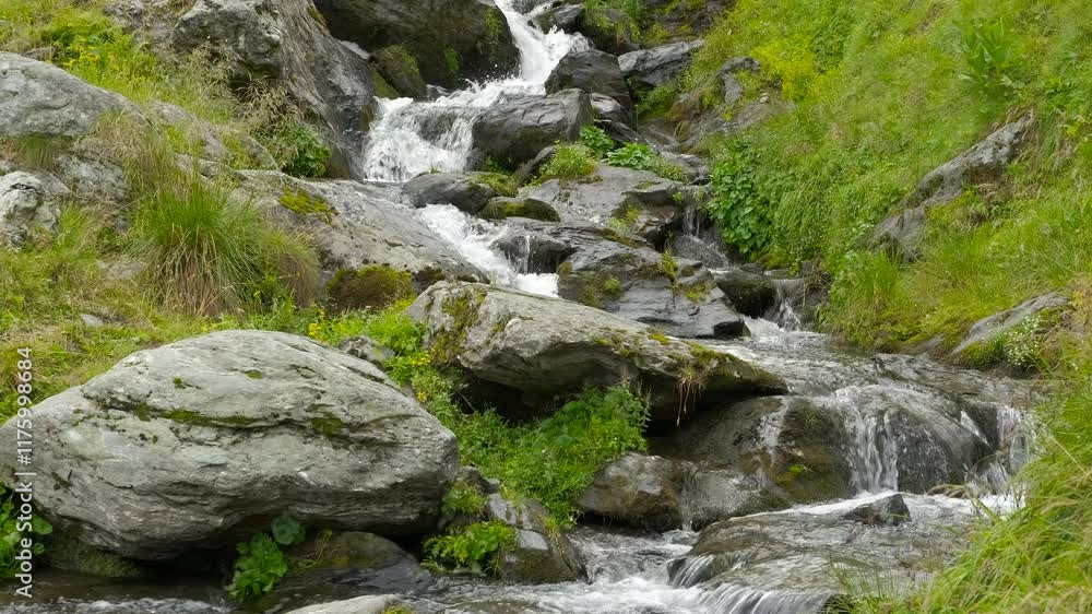 Rushing water flowing down a picturesque mountain stream. Rushing water cascades down a mountain stream, flowing over rocks and boulders. Lush green grass and vibrant vegetation line the banks Rushing water flowing down a picturesque mountain stream. Rushing water cascades down a mountain stream, flowing over rocks and boulders. Lush green grass and vibrant vegetation line the banks