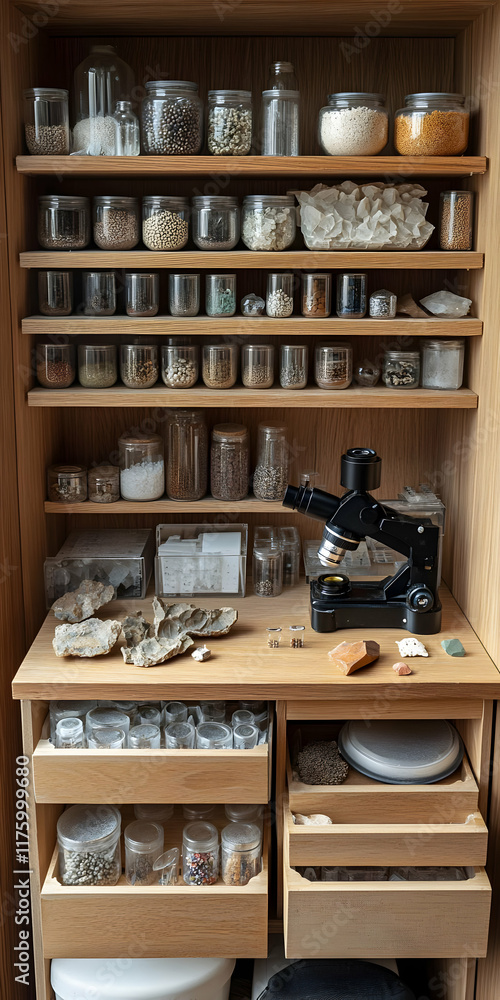 Organized lab with microscope, specimens, and jars of various materials neatly stored in wooden cabinets and drawers. Organized lab with microscope, specimens, and jars of various materials neatly stored in wooden cabinets and drawers.