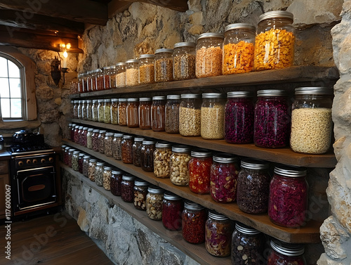Rustic stone pantry with numerous glass jars filled with various dried foods and grains on wooden shelves.