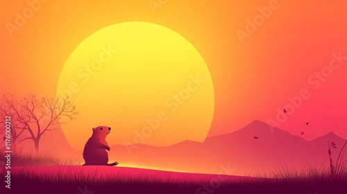 Groundhog Day A serene scene with a bear at sunset. photo