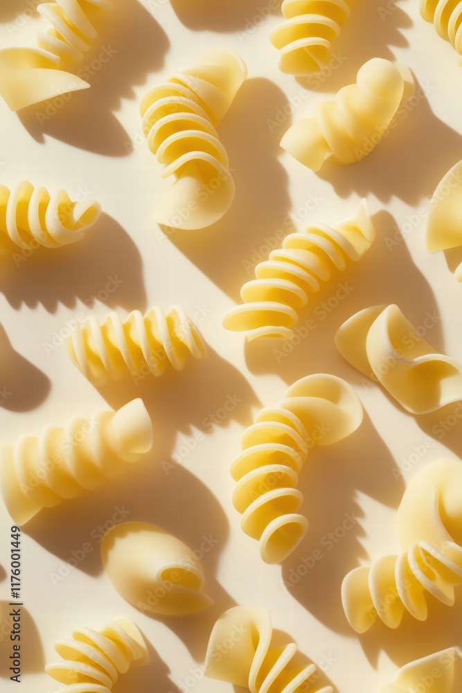 Creative Arrangement of Various Pasta Shapes on Light Background Creative Arrangement of Various Pasta Shapes on Light Background