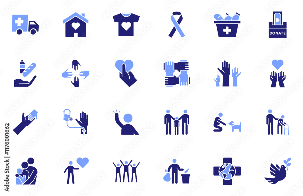 Fototapeta premium Volunteering and charity flat icon set. Humanitarian and global causes, animal welfare, social responsibility and donations vector graphic elements