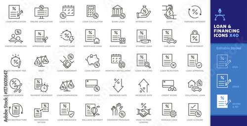 Loan and financing thin line icon set. Financial services, credit solutions, bank money mortgage editable stroke graphic elements