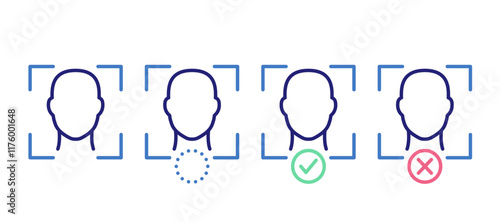 Facial Recognition Icon Set. Identification and Biometric Security. Facial  Scanning, Detection, Verification, and Identification States. Editable thin line elements