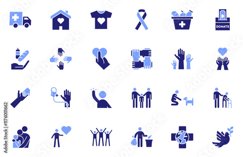 Volunteering and charity flat icon set. Humanitarian and global causes, animal welfare, social responsibility and donations vector graphic elements