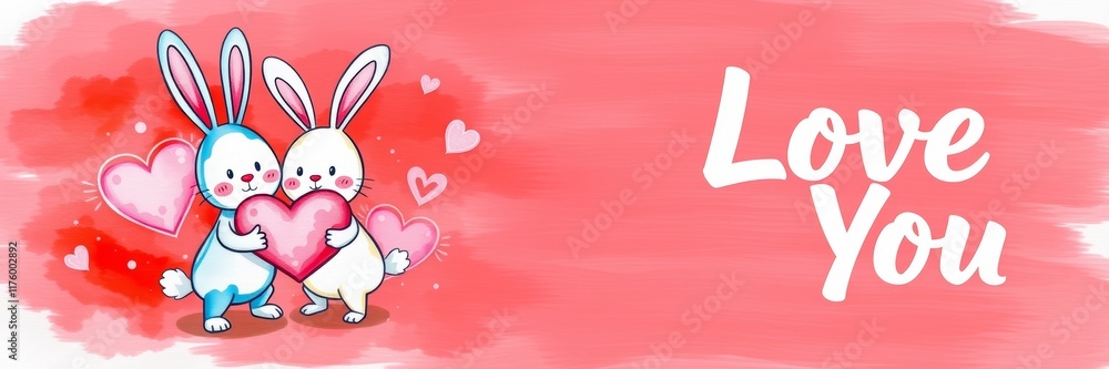 Cute cartoon rabbits holding heart-shaped objects expressing love and affection with playful and joyful vibes against a pink watercolor background Cute cartoon rabbits holding heart-shaped objects expressing love and affection with playful and joyful vibes against a pink watercolor background