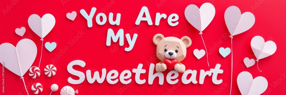 Obraz premium You Are My Sweetheart with Cute Bear Holding Heart on Red Background Conveying Love and Affection for Valentine's Day