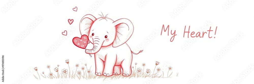 Cute cartoon elephant holding a heart surrounded by flowers, conveying a sweet and endearing mood, representing love and affection in a playful design Cute cartoon elephant holding a heart surrounded by flowers, conveying a sweet and endearing mood, representing love and affection in a playful design