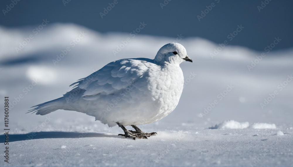 White bird walking on snowy ground in a winter landscape during daylight hours White bird walking on snowy ground in a winter landscape during daylight hours