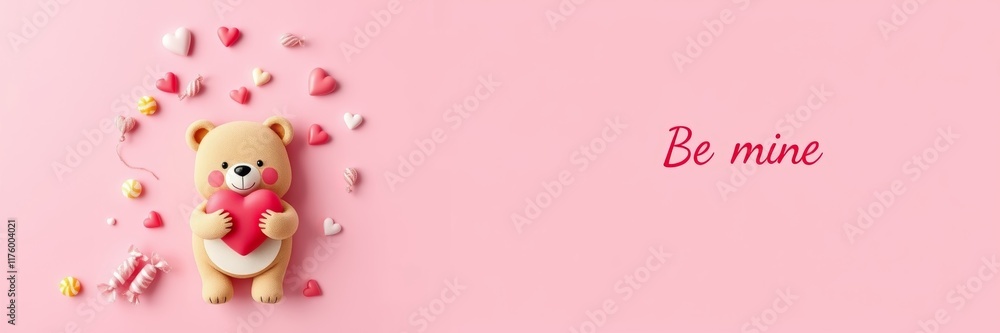 Obraz premium Cute cartoon bear holding a red heart surrounded by colorful hearts and candy on a soft pink background