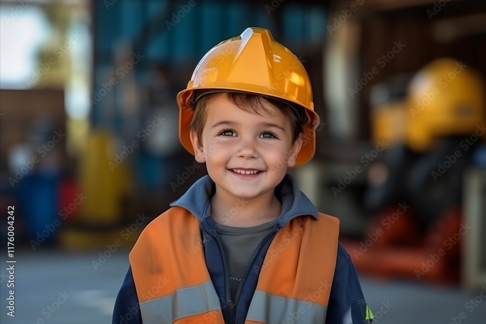 Portrait of a cute little boy in a hard hat at the factory Portrait of a cute little boy in a hard hat at the factory