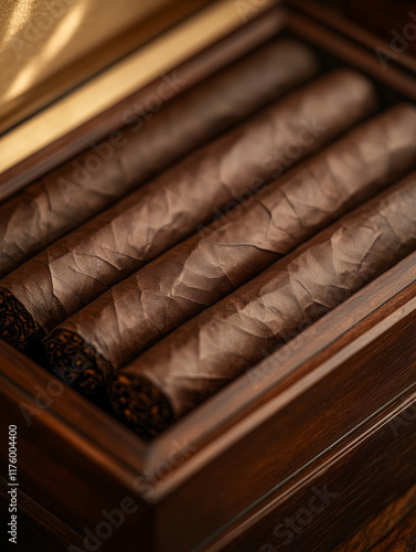 Close-up of cigars in a wooden box