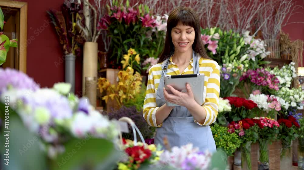Young woman working at the flower shop, using tablet and organizing the business Young woman working at the flower shop, using tablet and organizing the business